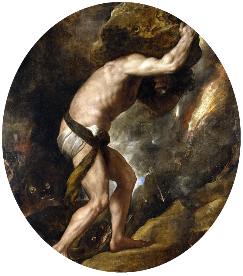 Sisyphus carrying a boulder